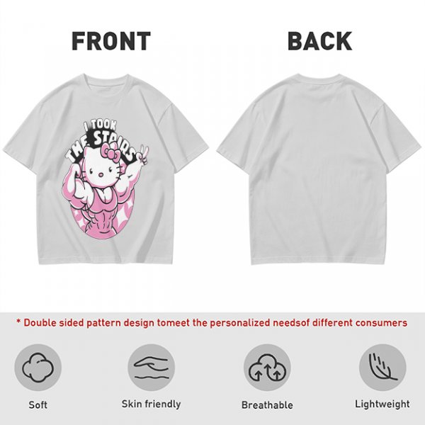 Olive t-shirt with muscular Hello Kitty graphic and 'I Took The Stairs' text