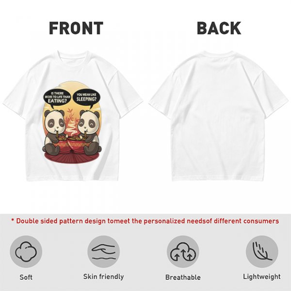 Olive t-shirt with pandas debating life beyond eating and sleeping