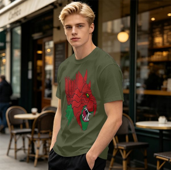 Olive T-Shirt With Fierce Armored Beast Head Graphic