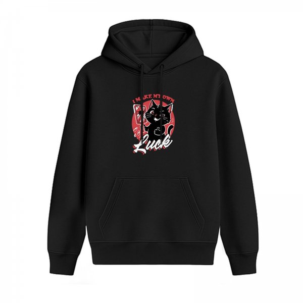 Black hoodie with 'I Make My Own Luck' black cat graphic