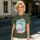 Olive t-shirt with a cartoon apple juice box skeleton graphic