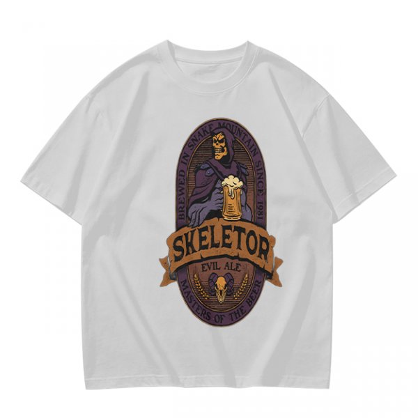 Olive green t-shirt with Skeletor Evil Ale beer graphic