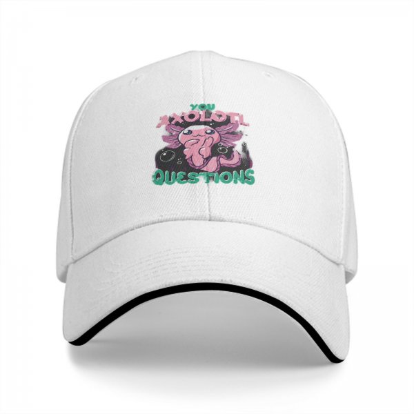 Black baseball cap with 'You Axolotl Questions' cute axolotl graphic