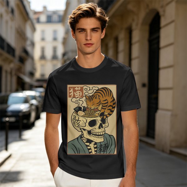 Olive t-shirt with a skull ramen bowl and a napping tabby cat print
