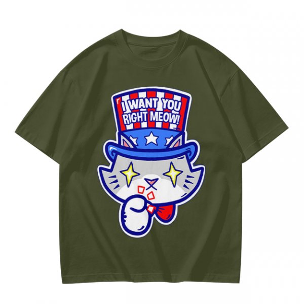 Olive T-Shirt With Patriotic Cat 'I Want You Right Meow' Print
