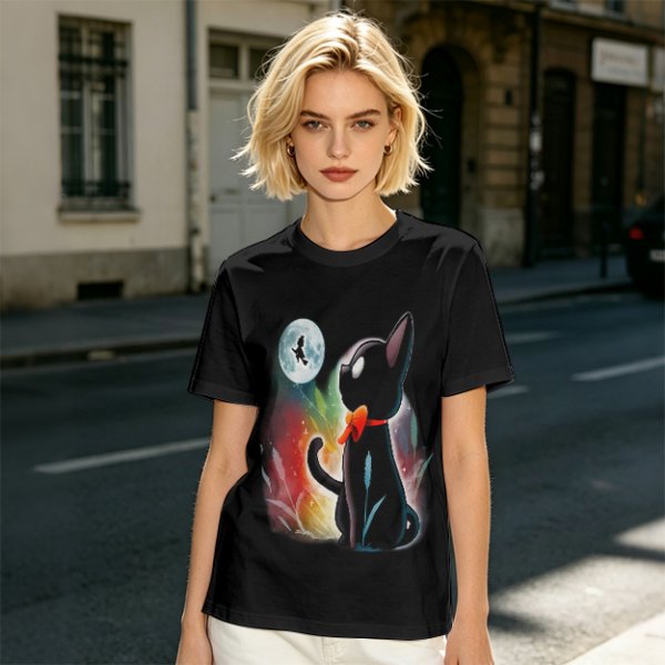 Olive T-shirt with black cat watching moon witch silhouette print