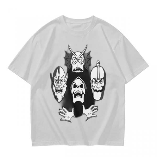 Olive T-shirt with Four Dark Fantasy Villain Heads Graphic Print
