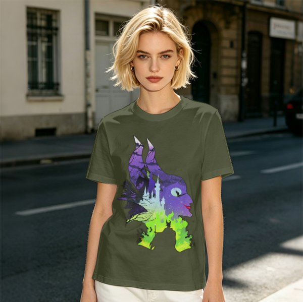 Olive green t-shirt with Maleficent fantasy silhouette graphic