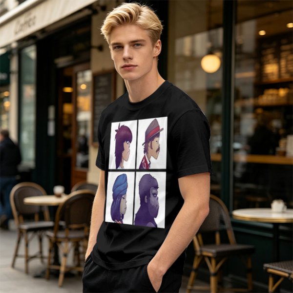 Olive T-Shirt With Four Gorillaz Character Portraits Print