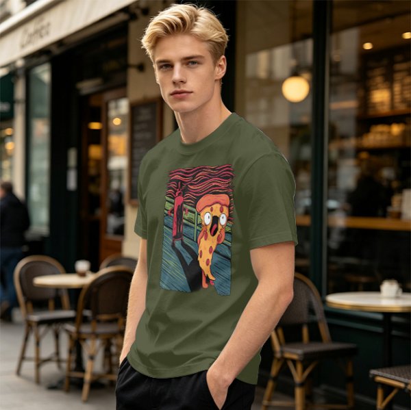 Olive T-Shirt With Funny Pizza Slice Scream Art Print