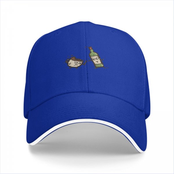 Black baseball cap with cartoon coffee cup and wine bottle graphic