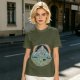 Olive T-shirt with Dancing Skeleton Mountain Rainbow Cat Graphic