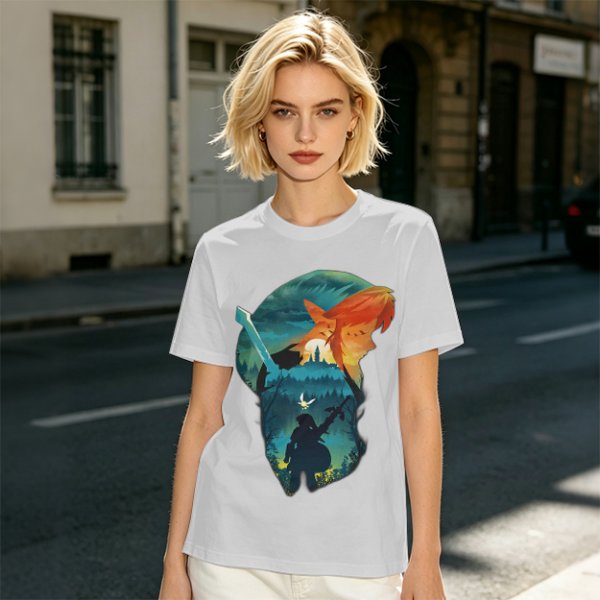 Olive green t-shirt with fantasy warrior silhouette graphic
