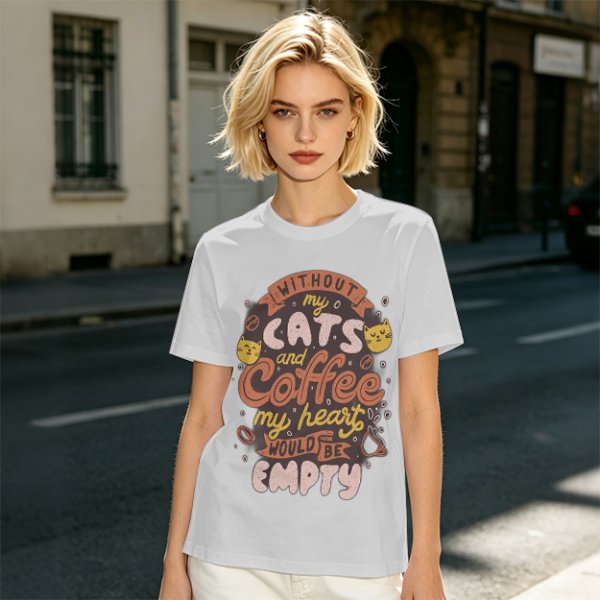 Olive graphic t-shirt with cats and coffee heart quote
