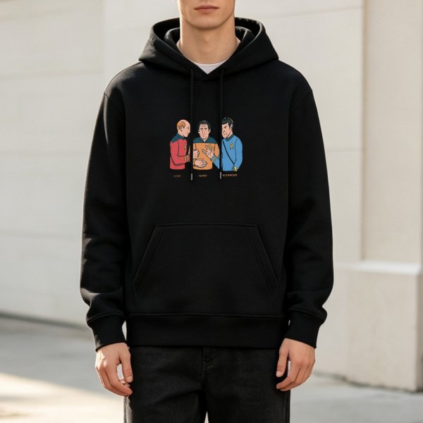 Black Hoodie with Star Trek Themed Cartoon Characters Print