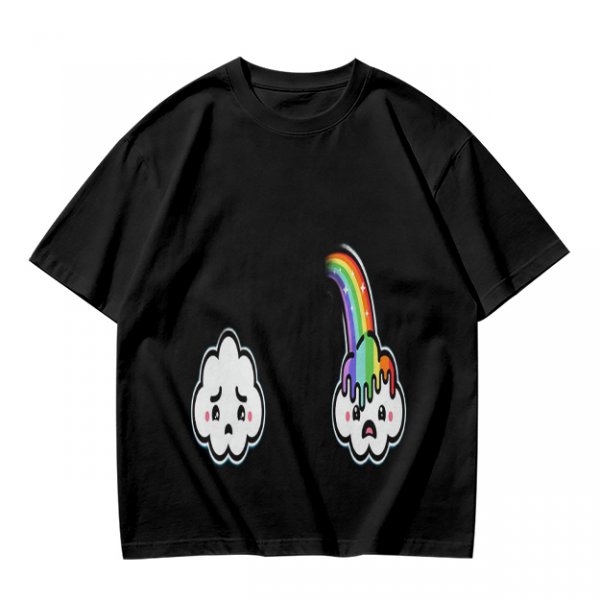 Oversized Olive T-Shirt With Sad Clouds And Rainbow Drip Graphic
