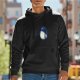 Black hoodie with blue whimsical creature graphic print