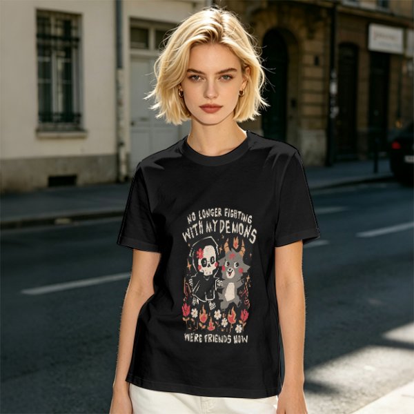 Olive graphic t-shirt with 'No longer fighting with my demons we're friends now' print