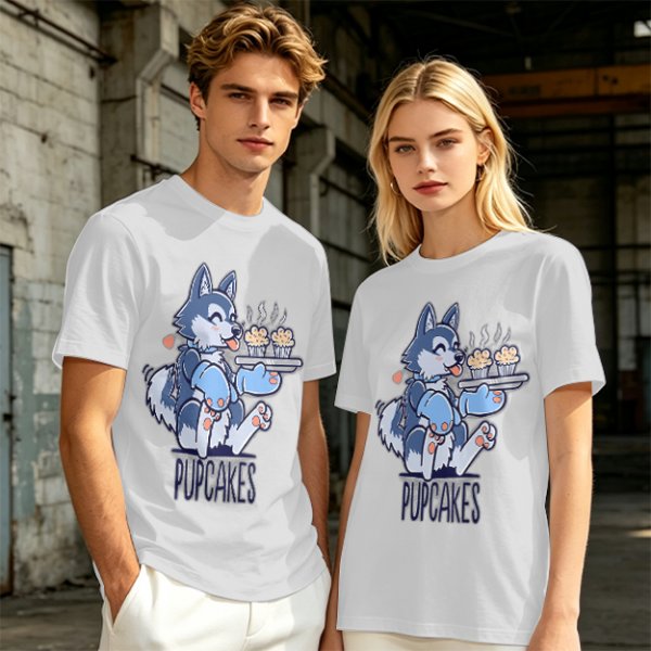 Olive green t-shirt with a husky holding pupcakes graphic