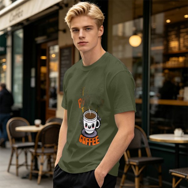 Olive Green T-Shirt With Cute Coffee Cup Graphic and Problem Solution Text