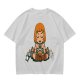Olive T-shirt with cartoon muscular character meditating surrounded by candles