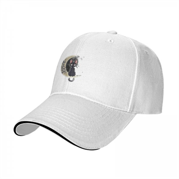 Black Baseball Cap with Black Cat on Crescent Moon Design