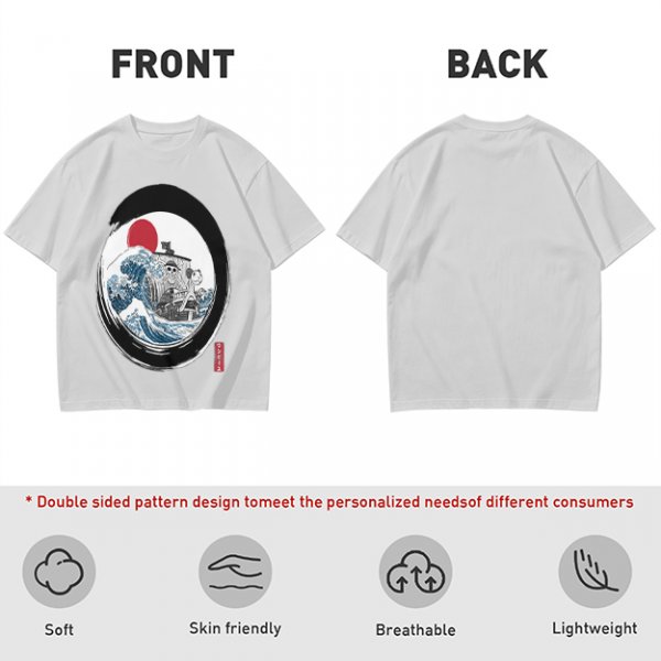 Olive T-shirt with Great Wave Enso Circle and Red Sun Print