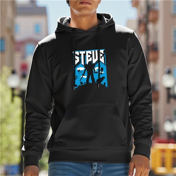 Black hoodie with Steve Minecraft-style graphic print