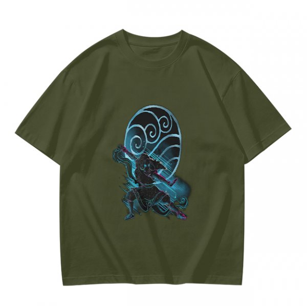 Olive T-shirt with Anime Water Bender Warrior Graphic Print