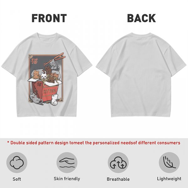 Olive t-shirt with playful kittens in takeout noodle box graphic