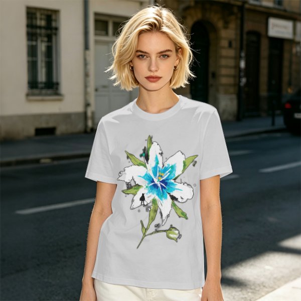 Olive Green T-Shirt with Watercolor Blue Lily Flower Print