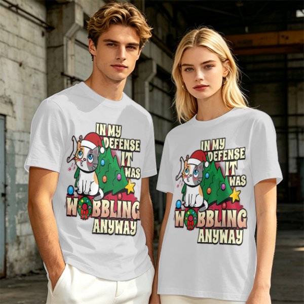 In My Defense It Was Wobbling Anyway Christmas Cat T-Shirt