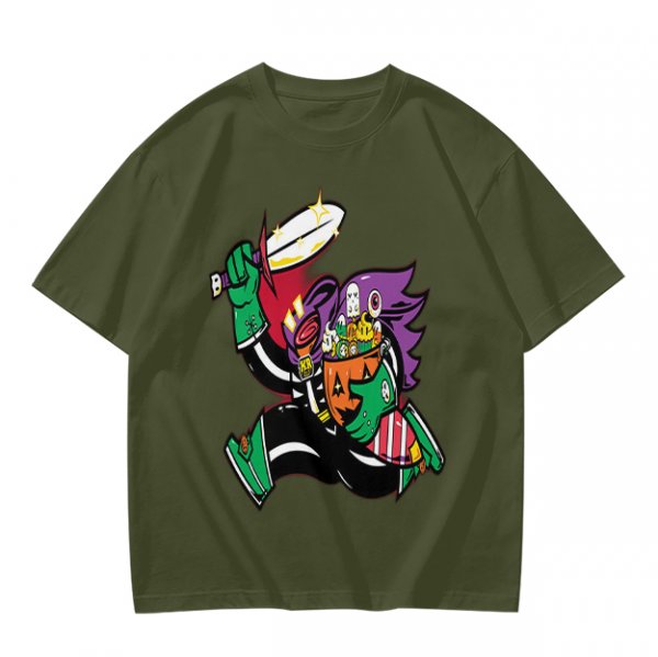 Olive T-shirt with Halloween Jack-o'-lantern Warrior Graphic