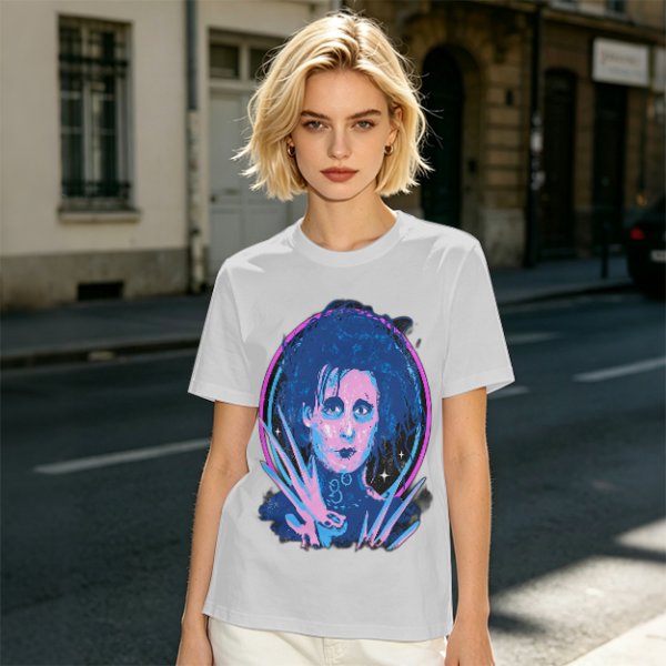 Olive T-Shirt With Neon Edward Scissorhands Portrait Print