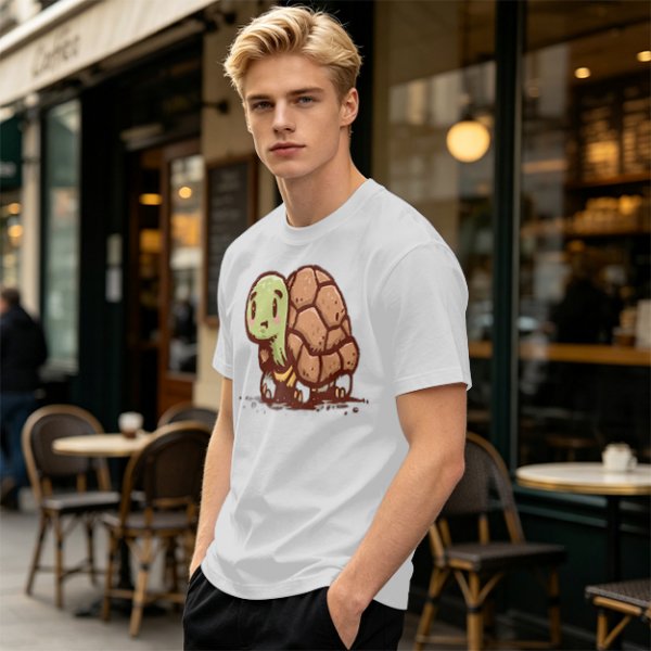 Olive Green T-Shirt With Cute Cartoon Turtle Graphic