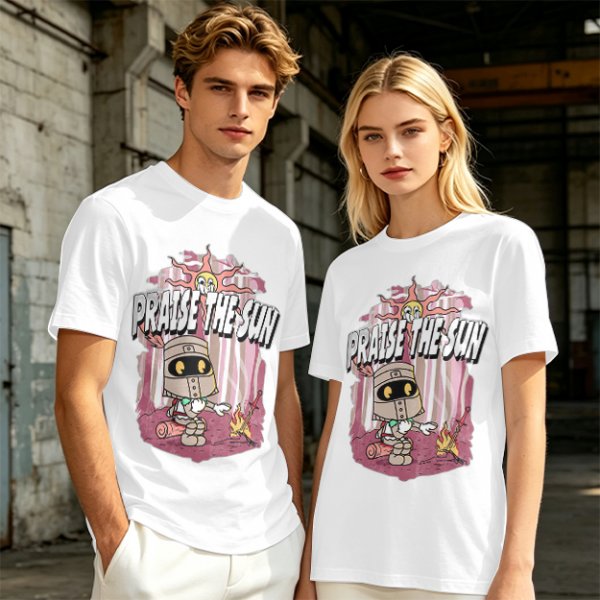 Olive t-shirt with cartoon knight 'Praise the Sun' graphic