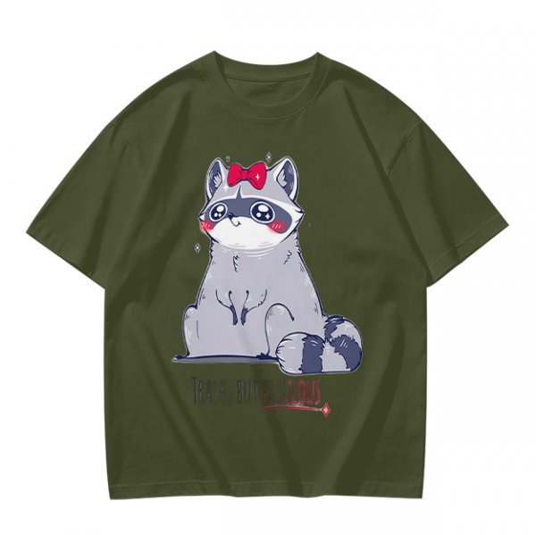 Olive T-shirt with Cute Raccoon Wearing Red Bow Graphic