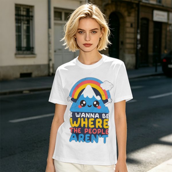 Olive graphic tee with cute mountain rainbow and 'I Wanna Be Where The People Aren't' text