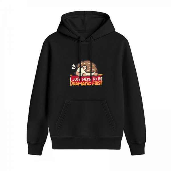 Black hoodie with dramatic hedgehog graphic and funny text