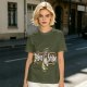 Olive green graphic t-shirt with zebra stripe design
