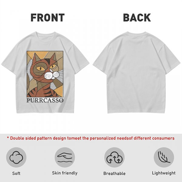 Olive green t-shirt with cubist style cat print and Purrcasso text