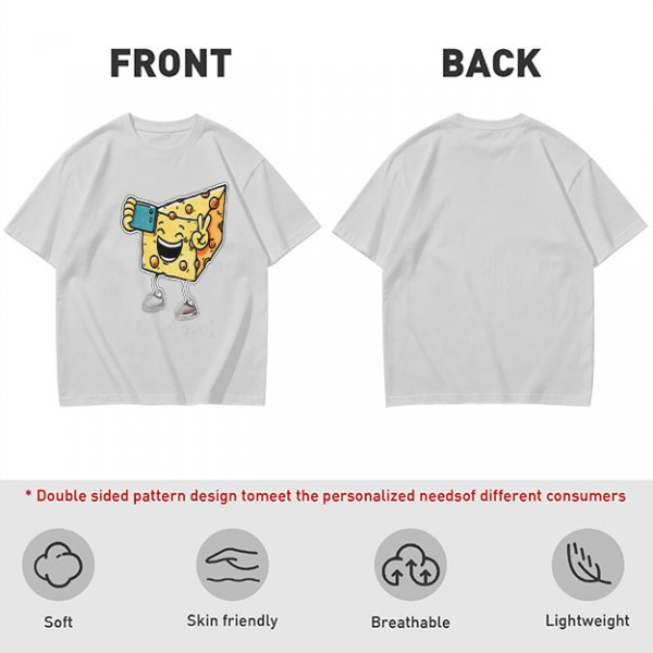 Olive T-shirt with a cartoon cheese taking a selfie and making a peace sign