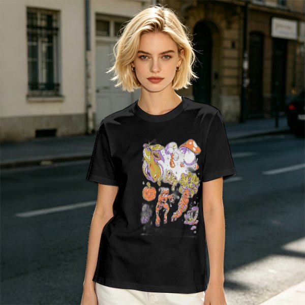 Olive Green T-Shirt With Surreal Mushroom And Vegetable Graphic Print
