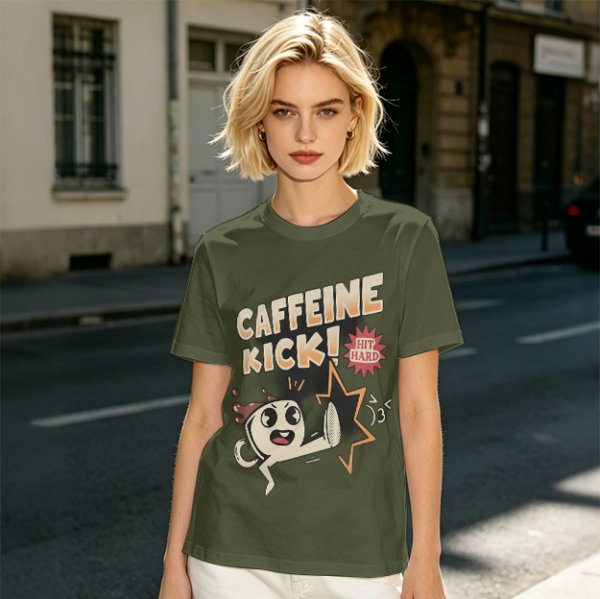 Olive graphic tee with caffeine kick cartoon coffee cup design