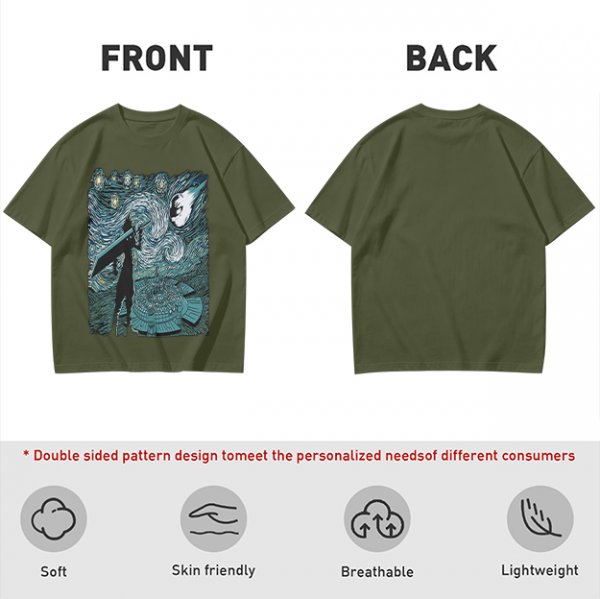 Olive T-shirt with Starry Night Style Fantasy Warrior Print