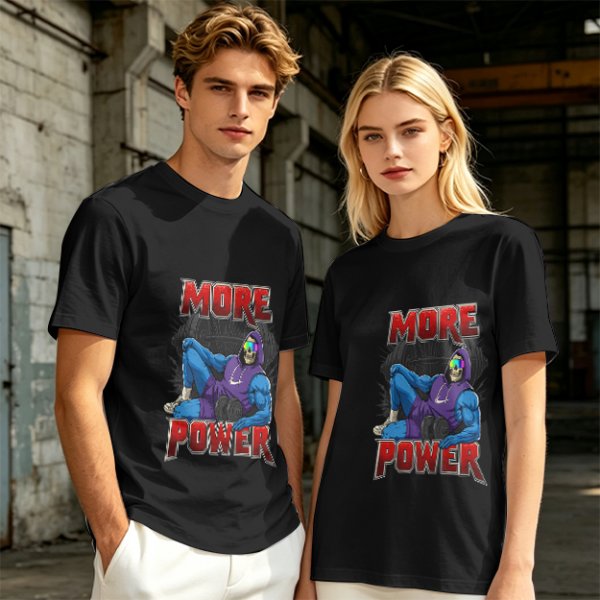 Olive Graphic T-Shirt with 'MORE POWER' and Muscular Skeleton Character