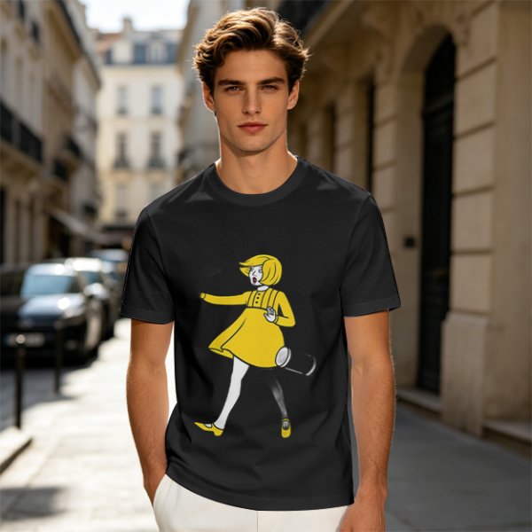 Olive Green T-Shirt With Whimsical Yellow Girl Graphic Print