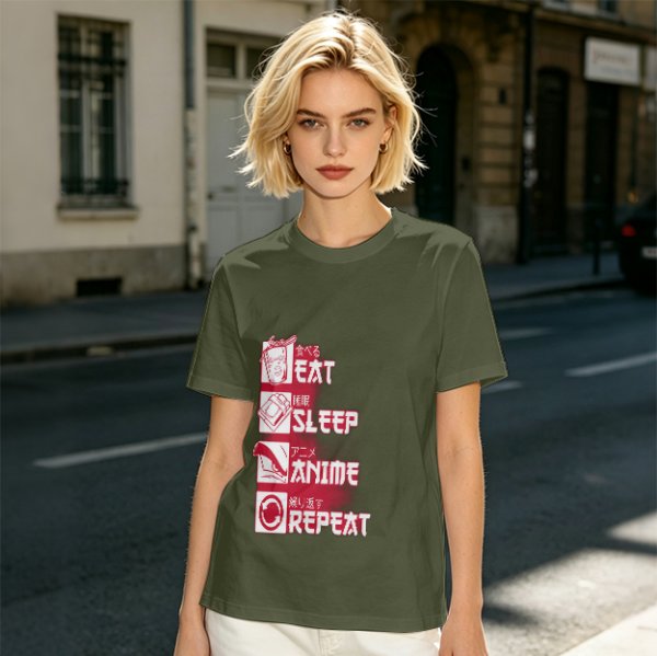 Oversized Olive Anime Themed T-Shirt With Eat Sleep Anime Repeat Print