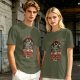Olive t-shirt with devil call center graphic and 'Your Soul Is Very Important To Us' text