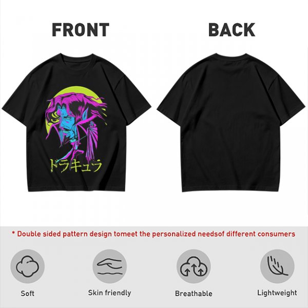 Olive t-shirt with neon vampire Dracula graphic and Japanese text